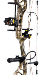 Close up of the ready-to-hunt accessories on the Bear Legit Maxx RTH Compound Bow in color Mossy Oak Bottomland.
