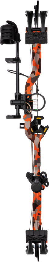Front view of the Bear Legit Maxx RTH adjustable compound bow in color Fred Bear Fire on transparent background.
