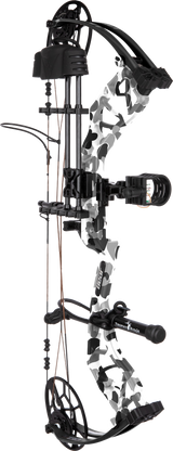 Bear Legit MAXX in color Fred Bear Whiteout with ready-to-hunt package includes sight, rest, quiver, and stabilizer.