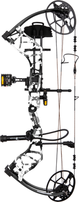 Left facing Bear Legit Maxx RTH adjustable compound bow in color Fred Bear Whiteout.