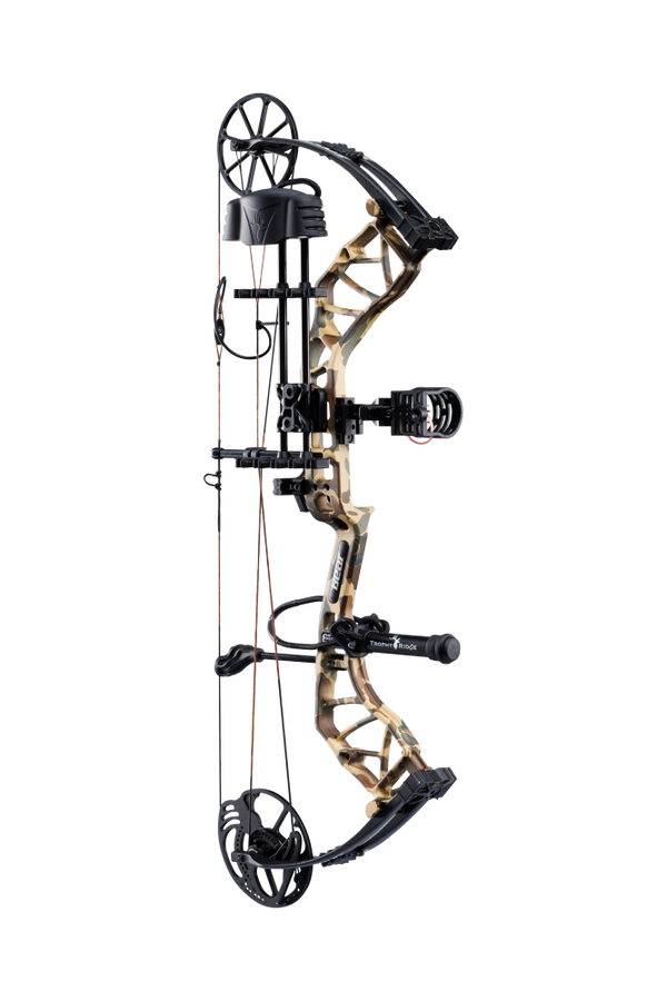 Side view of Bear Species XT single cam bow equipped with top-of-the-line Ready-to-Hunt package from Trophy Ridge.