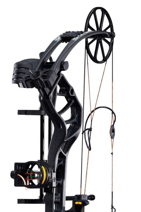 Close up of the single cam system, compound bow limbs, and picatinny sight mounting location on the Bear Species XT RTH.
