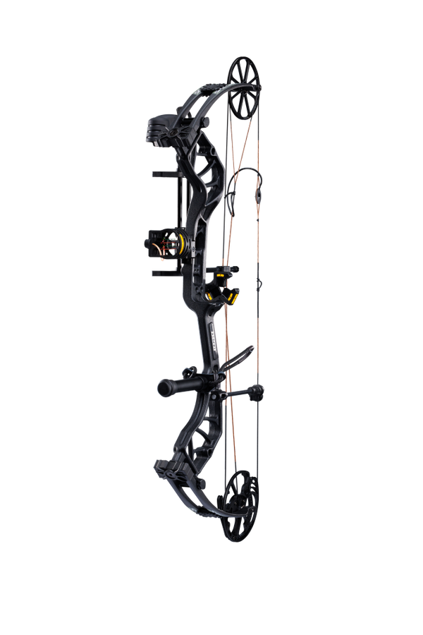 Side view of the Bear Species XT RTH single cam compound bow highlighting its single cam drawing system.