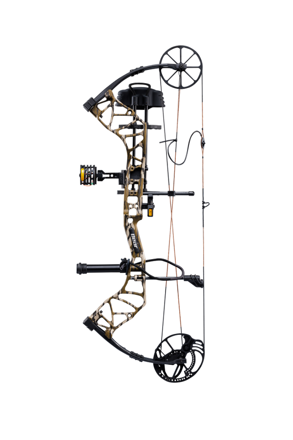 The Bear Species XT single cam compound bow includes IMS® V-Biscuit rest, Picatinny-mounted 4 pin sight, 5 arrow quiver, stabilizer, peep sight, and wrist sling.