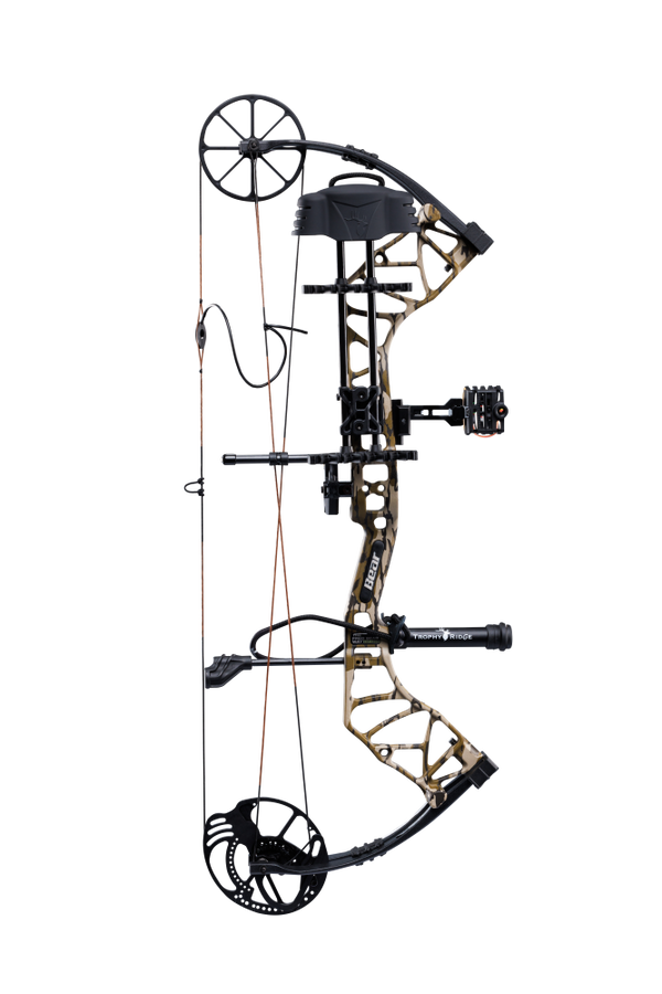 The Bear Archery Species XT single cam compound bow shown in Mossy Oak Bottomland features an adjustable draw length range of 23.5 to 30.5 inches.