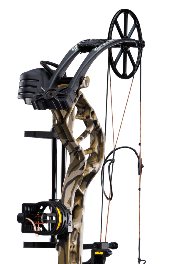 Close up of the single cam system on the Bear Species XT RTH and picatinny sight mounting location. 